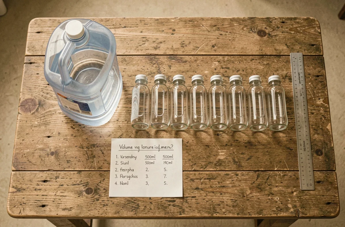 Vue de dessus d'un bidon de 5 litres entouré de dix bouteilles de 500 ml et d'une fiche de conversion manuscrite sur une table en chêne