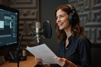 Actrice de doublage en studio d'enregistrement tenant un script annoté avec micro professionnel, evoquant le travail vocal sur un film d'animation comme Le Roi Lion