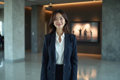 Actrice asiatique en studio cinéma devant affiche Hollywood