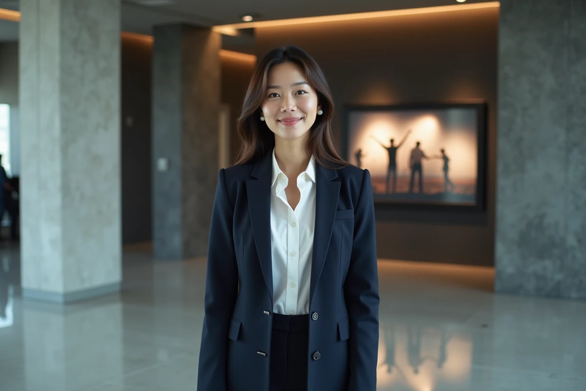 Actrice asiatique en studio cinéma devant affiche Hollywood