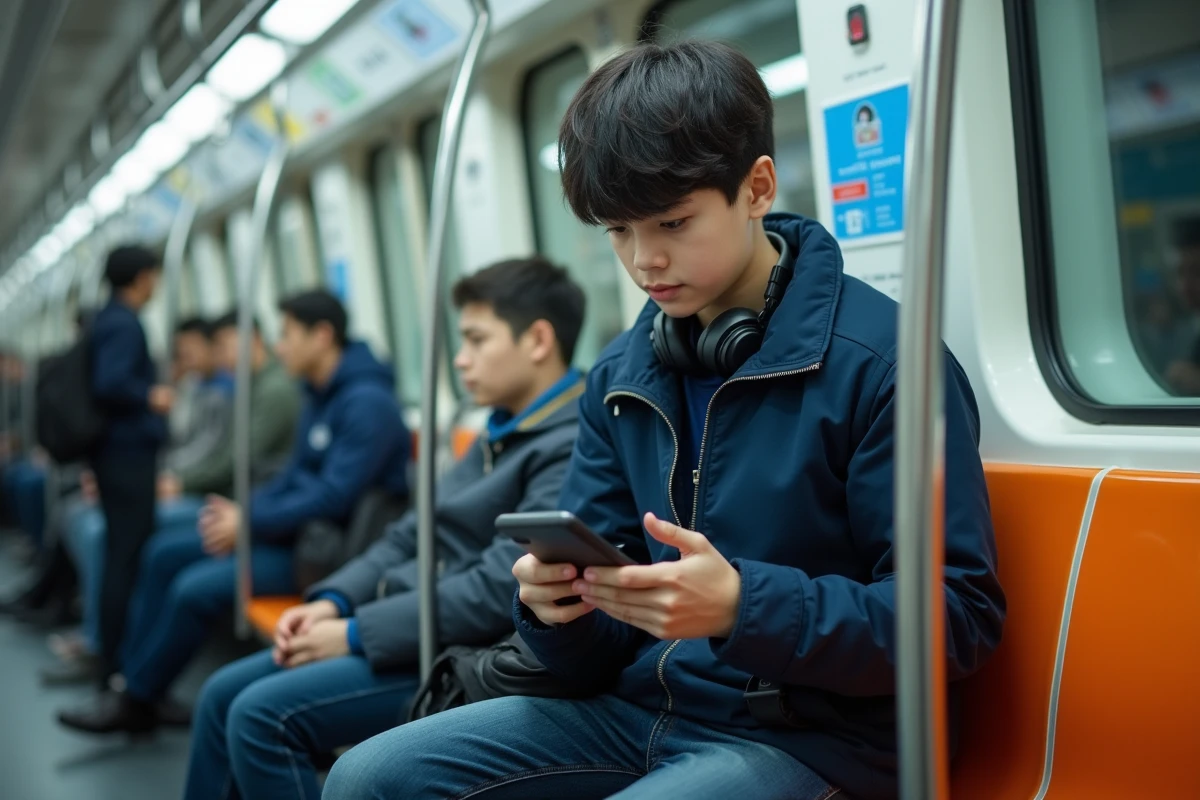 Adolescent lisant un scan One Piece sur son téléphone dans le métro lors de son trajet quotidien