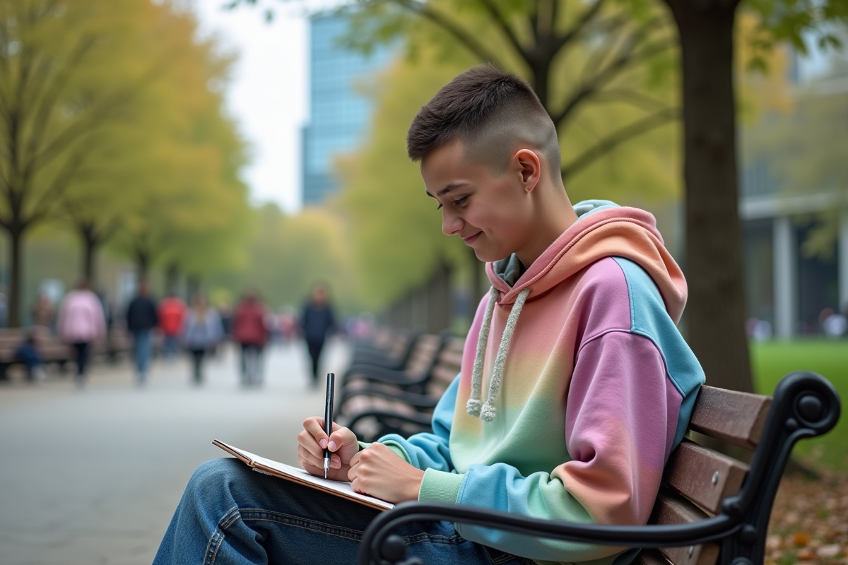 Adolescent nonbinaire dessinant sur un banc dans un parc urbain