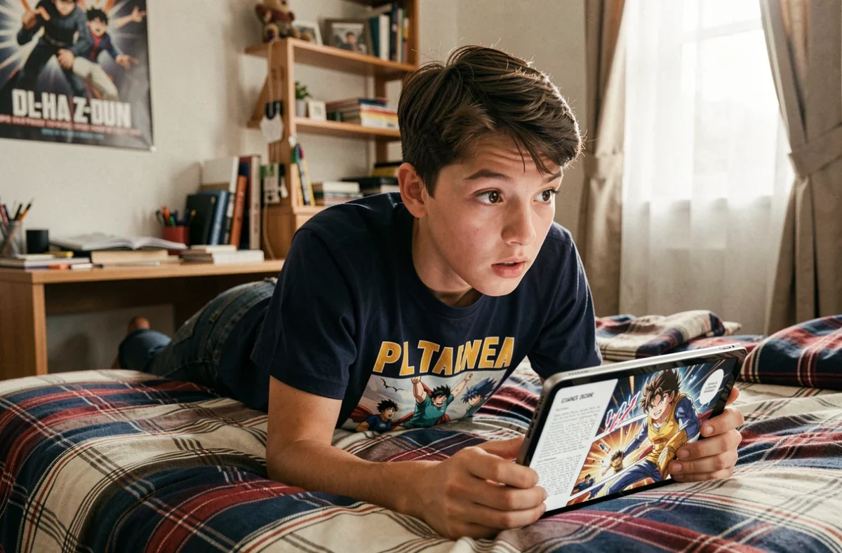 Adolescent allongé sur son lit lisant un scan One Piece haute résolution sur tablette avec un zoom optimisé pour les doubles pages