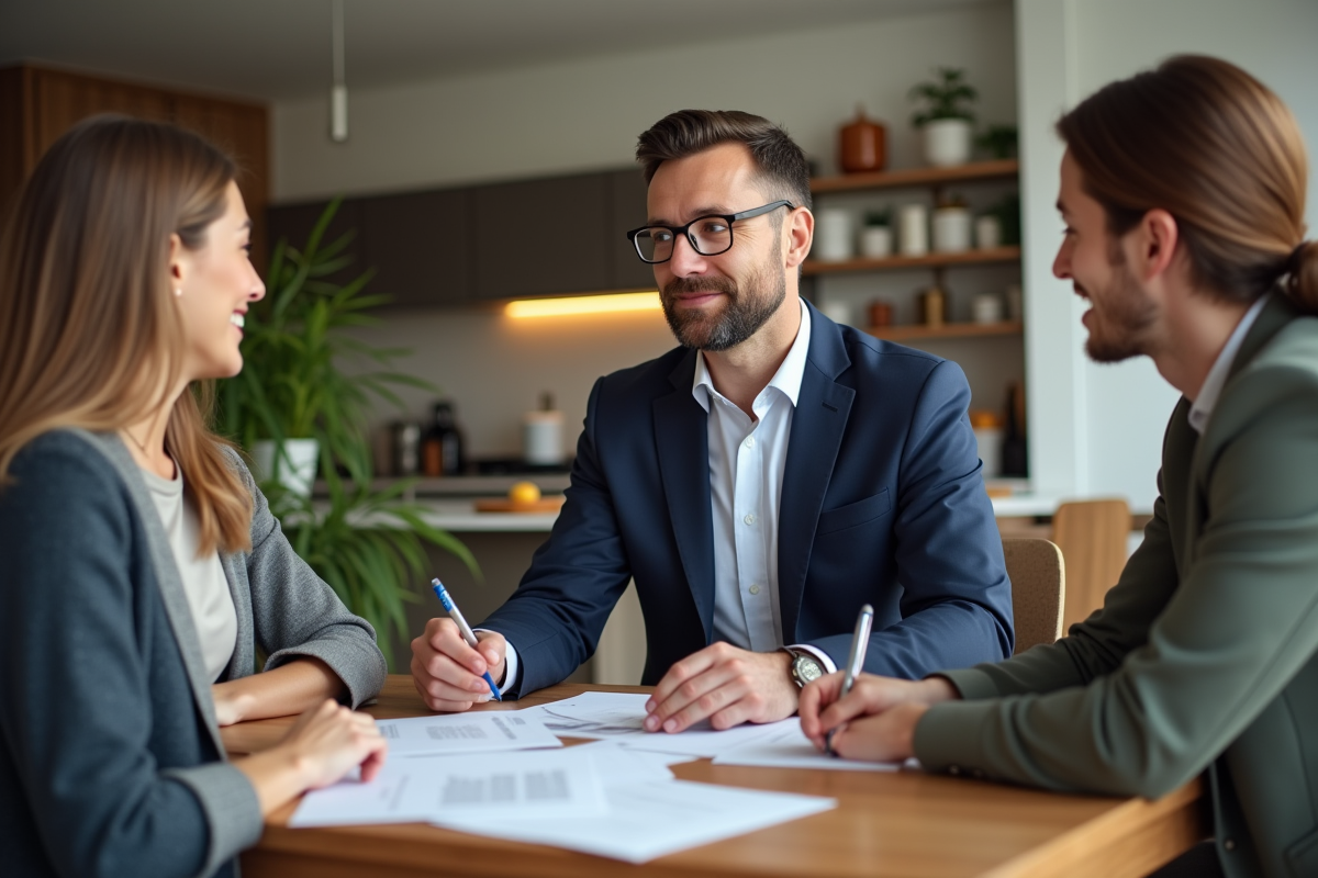 Agent immobilier avec couple dans salon lumineux