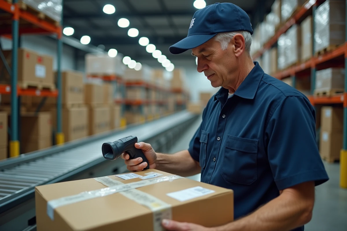 Agent postal scannant un colis international provenant de Chine dans un centre de tri logistique