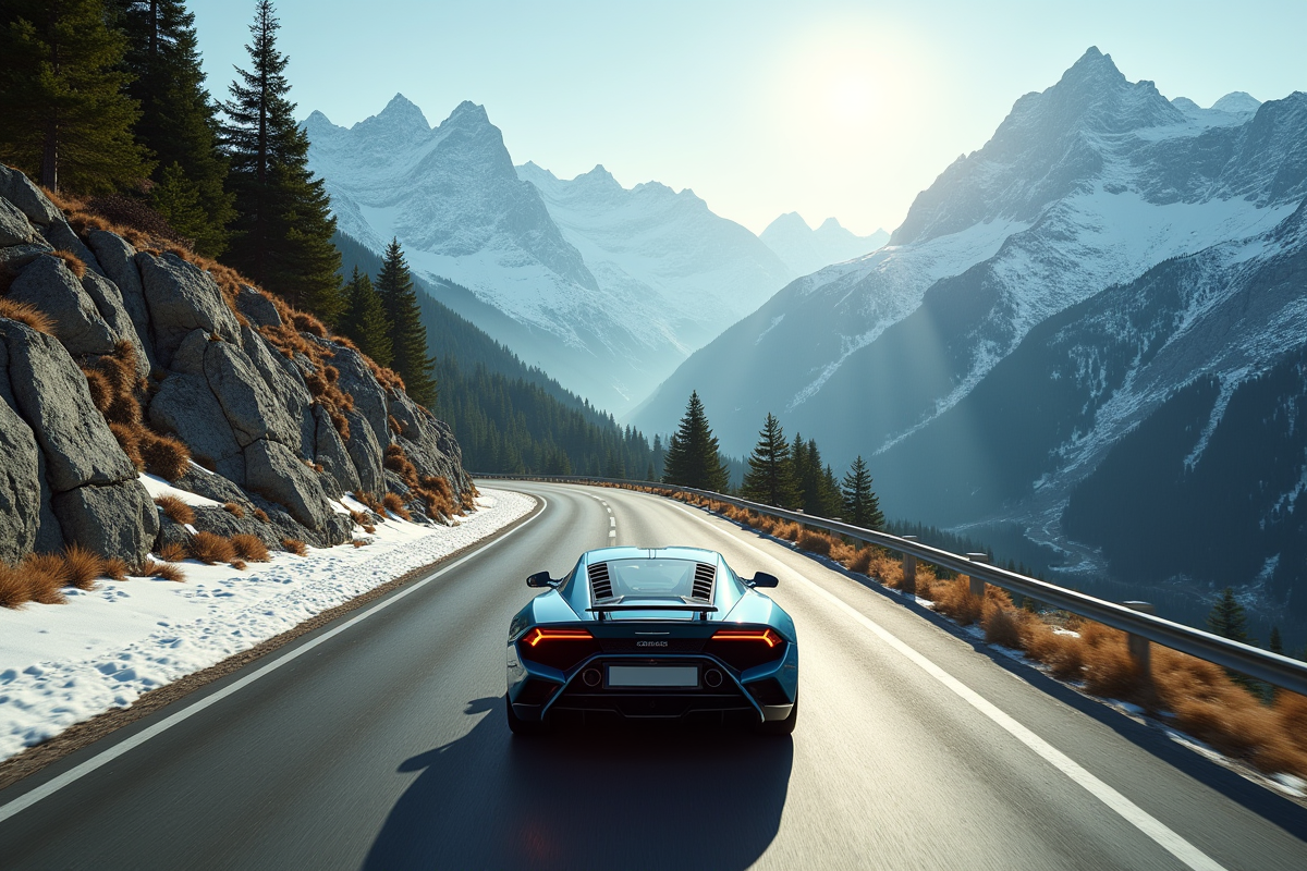 Route alpine avec voiture de sport dans paysage enneige