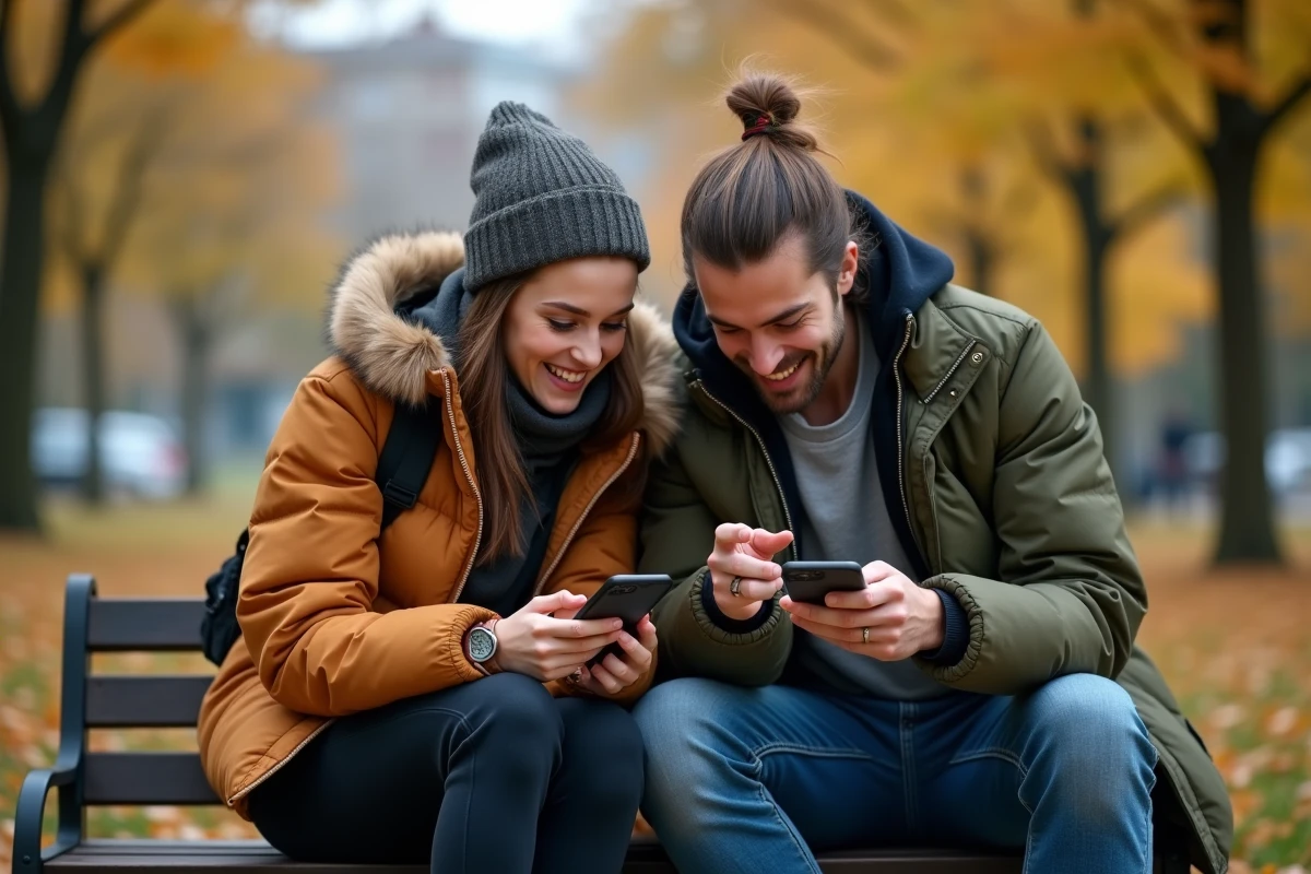 Deux amis comparant leurs solutions de niveaux du jeu Rooms et Exit sur leurs smartphones dans un parc en automne