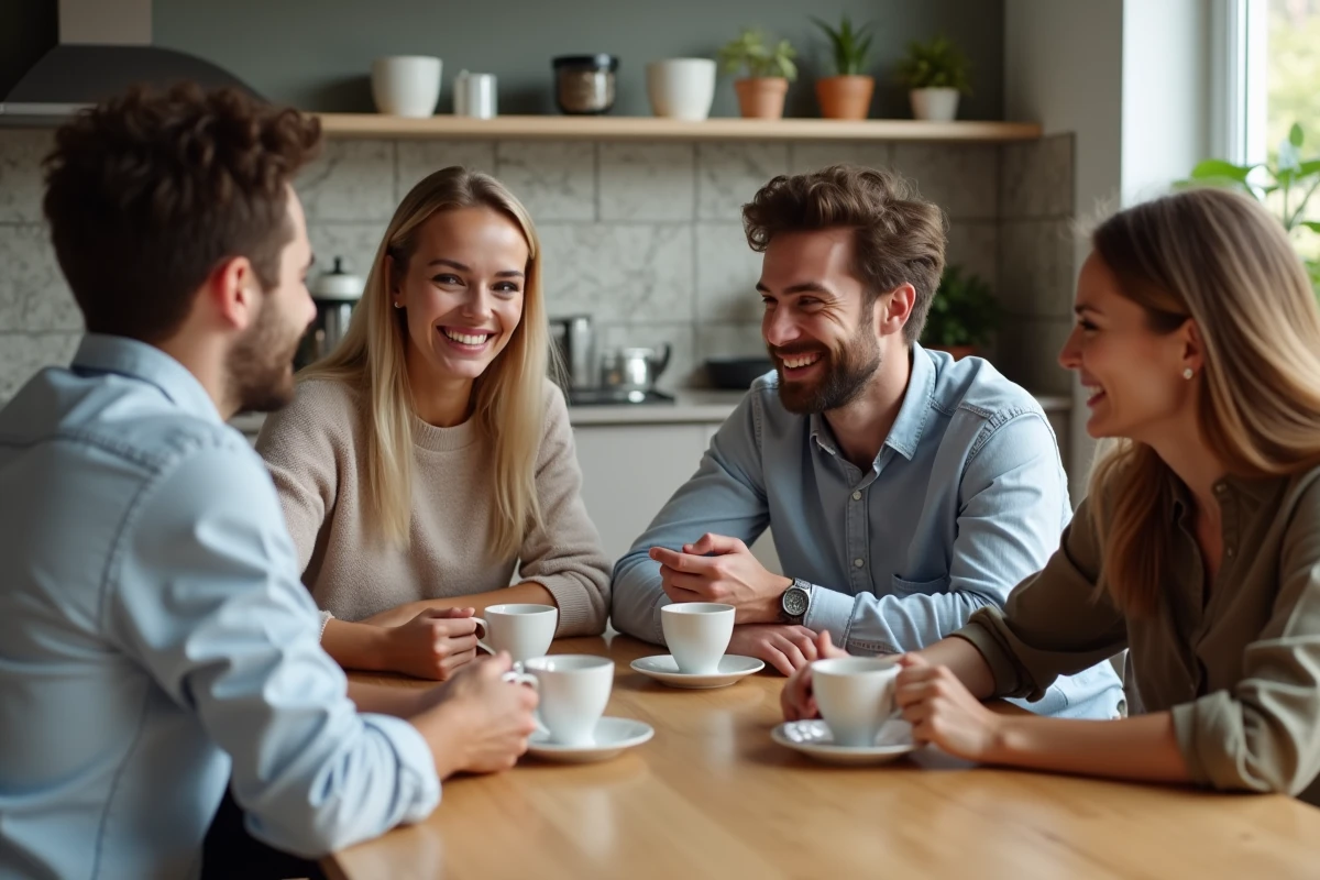 Groupe d amis souriants autour d une table de cuisine