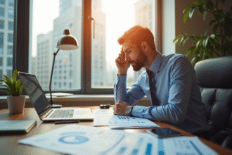 Professionnel analysant des graphiques financiers et brochures immobilières
