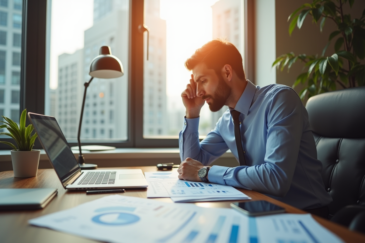 Professionnel analysant des graphiques financiers et brochures immobilières