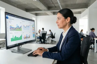 Analyste web consultant les statistiques de trafic d'un site sur un écran de bureau en 2026
