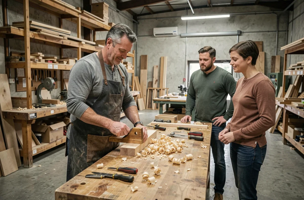 Artisan transmettant son expertise en menuiserie lors d'un atelier participatif pour monétiser ses compétences manuelles