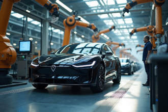 Voiture électrique edge en assemblage par robots dans une usine moderne