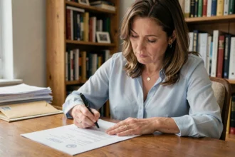 Femme signant une attestation d'hébergement gratuit à son bureau à domicile pour une démarche administrative