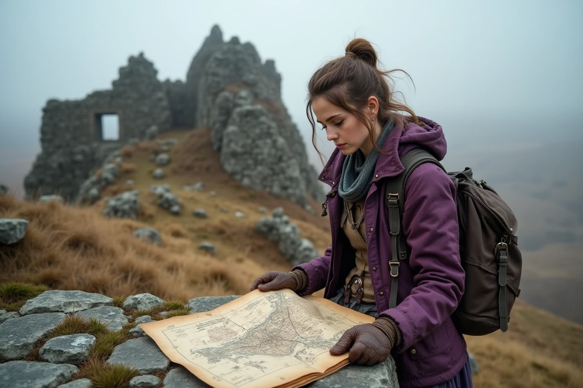 Aventurière en tenue de cuir consultant une carte ancienne dans des ruines rocheuses, évoquant l'exploration pour obtenir le Dofus Pourpre