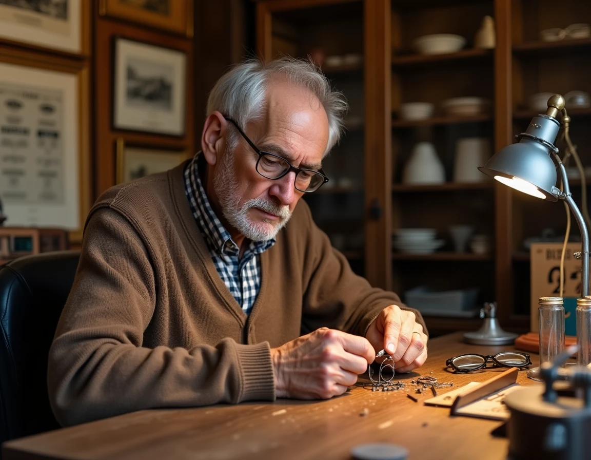 Les Binocles d'Émile Augier à Valence, un opticien expérimenté réparant d'anciennes lunettes dans un atelier au décor vintage chaleureux