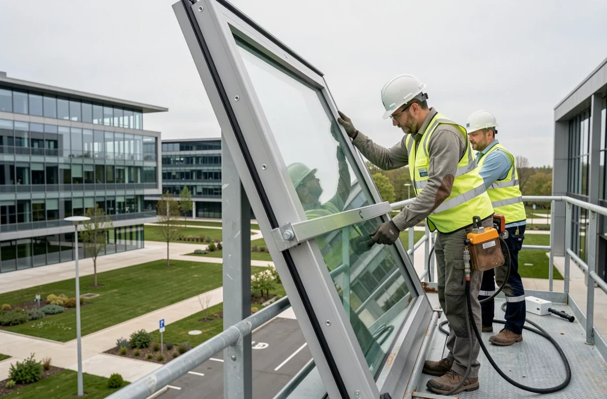 Technicien Bl Saclay posant un grand panneau de verre sur un immeuble de bureaux
