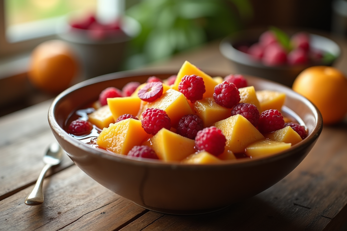 Bol de compote de fruits maison sur une table en bois