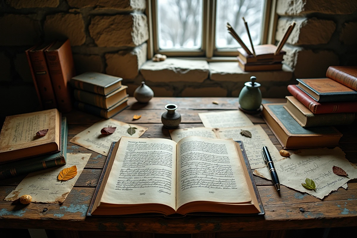 Bureau ancien avec livres de philosophie ouverts, journal manuscrit et feuilles séchées, évoquant l'héritage intellectuel d'Emerson, Thoreau et Nietzsche