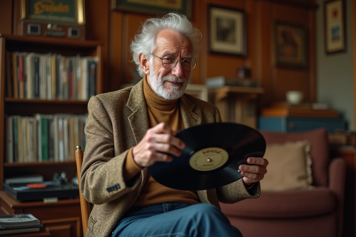 Chanteur français des années 60 avec vinyle nostalgique