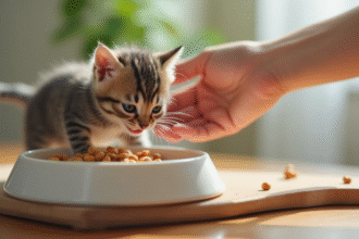 Chaton curieux mangeant de la nourriture douce