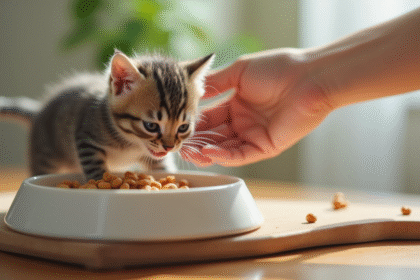 Chaton curieux mangeant de la nourriture douce