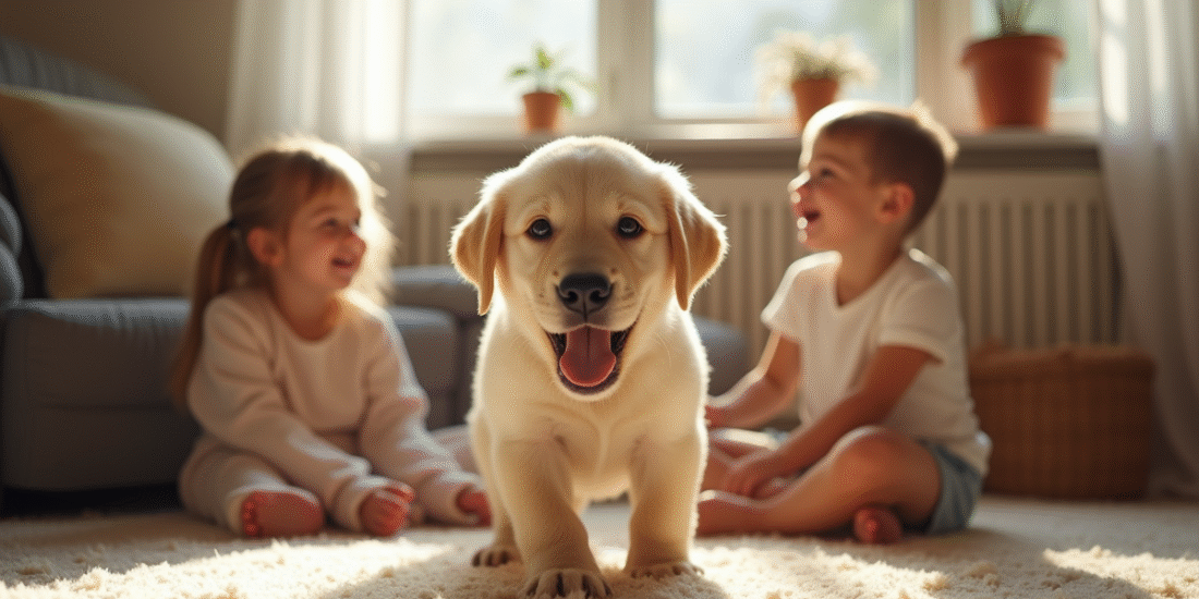 Labrador nain jouant avec deux enfants dans un salon lumineux