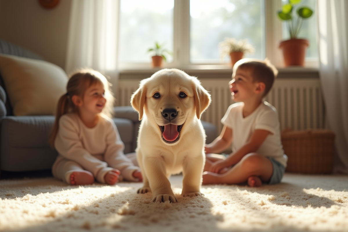 Labrador nain jouant avec deux enfants dans un salon lumineux