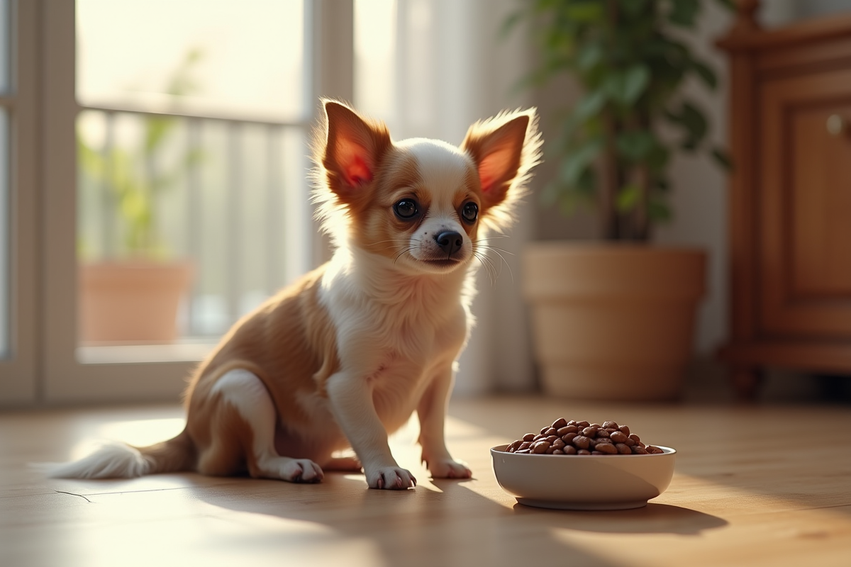 Chihuahua à poil court dans la cuisine avec nourriture équilibrée