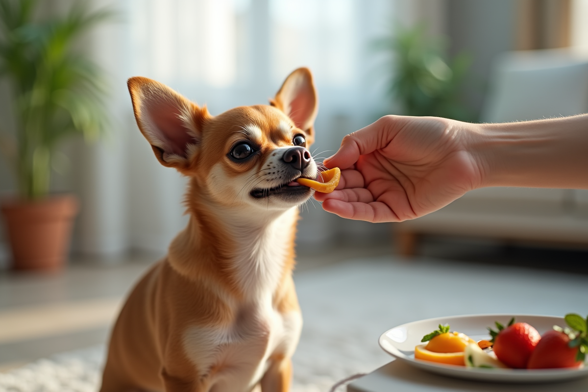 Chihuahua nourri à la main dans un salon lumineux avec plantes