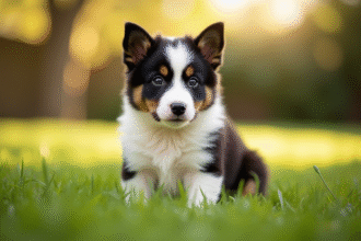 Jeune chiot border collie assis dans l'herbe en plein soleil