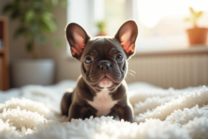 Chiot bulldog français assis sur un coussin blanc lumineux