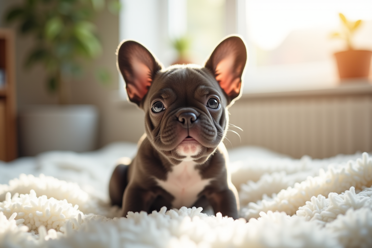 Chiot bulldog français assis sur un coussin blanc lumineux