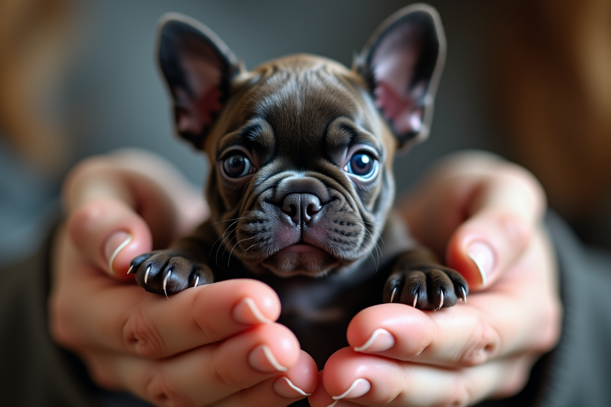 Jeune chiot bulldog français tenu dans les mains d