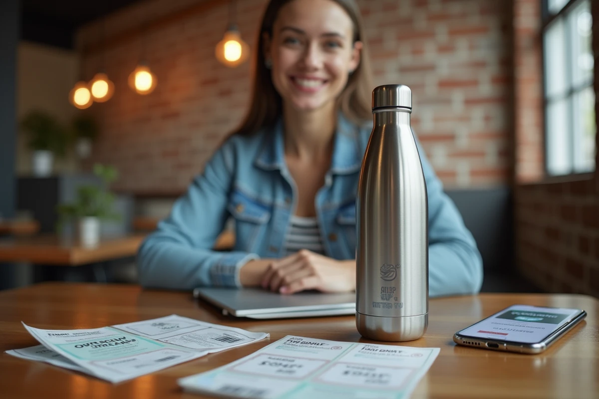Étudiante utilisant un code promo sur son téléphone pour acheter une gourde Air Up Inoxtag dans un café