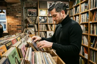 Collectionneur de vinyles techno en train de fouiller des bacs à disques dans un magasin de musique indépendant