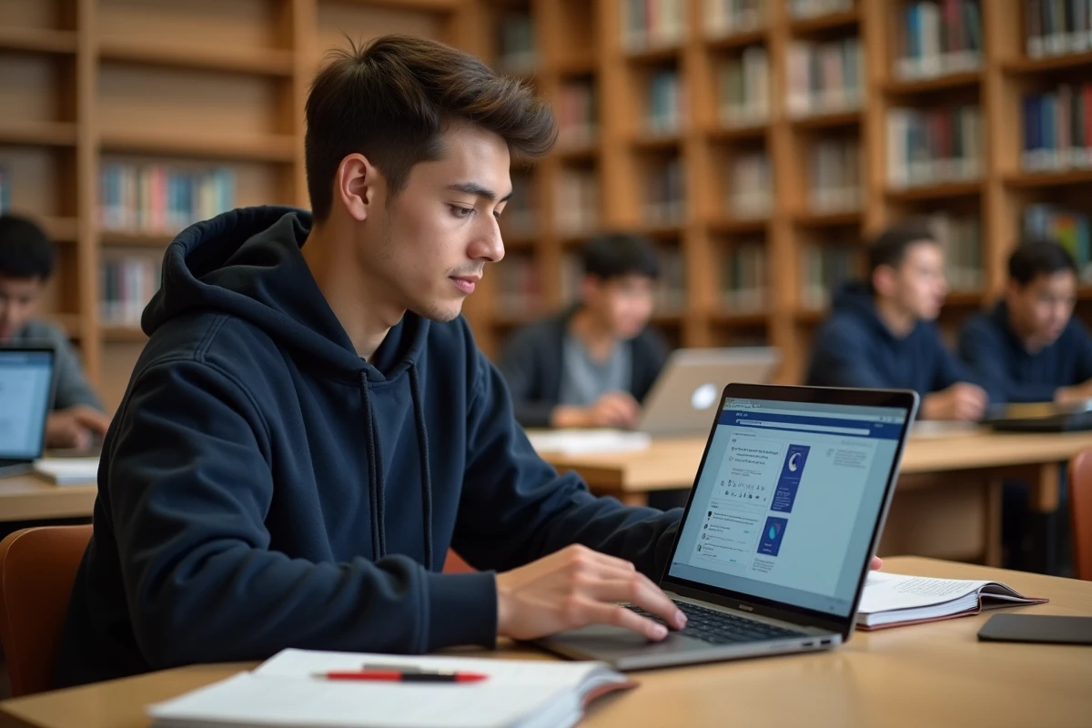 Étudiant comparant des plateformes webtoon officielles et alternatives sur un ordinateur portable en bibliothèque