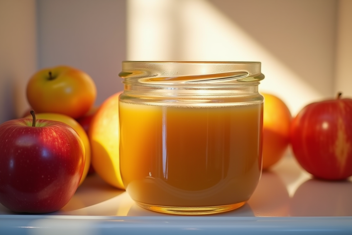 Compote de pommes fraîche dans un verre en réfrigérateur