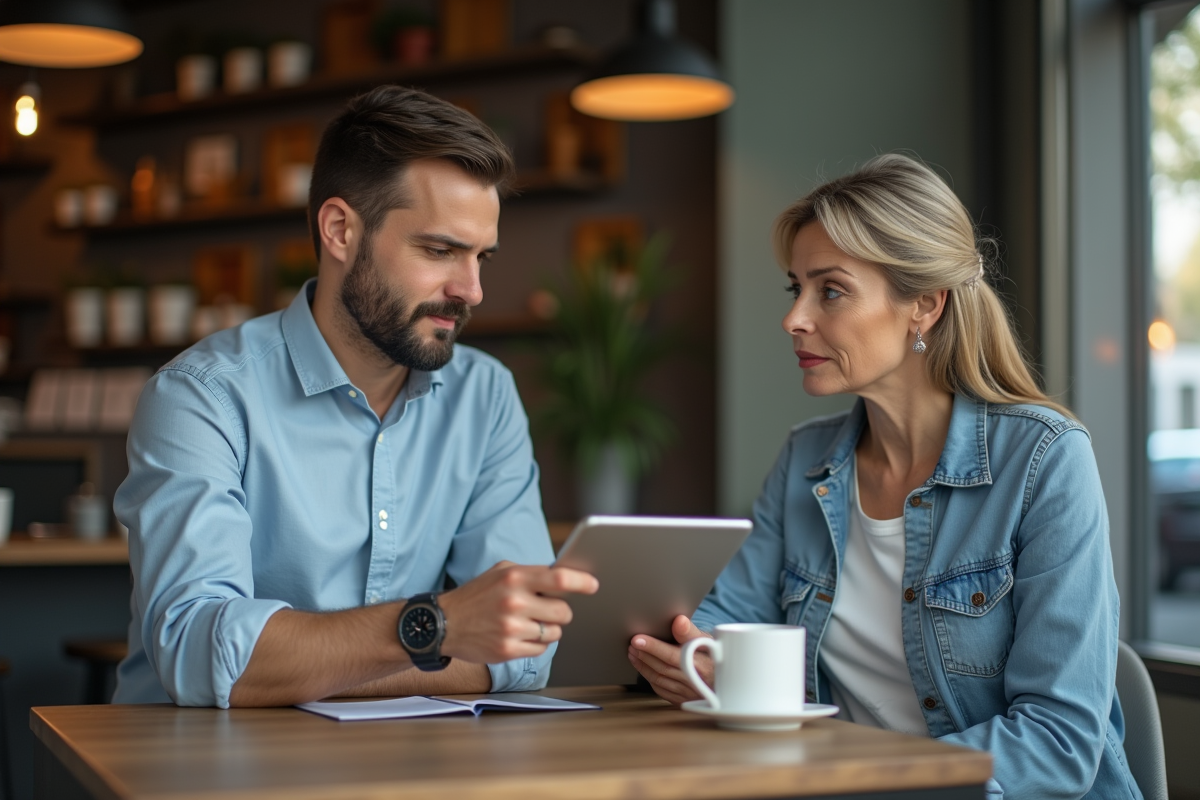 Jeune consultant présentant graphiques au café