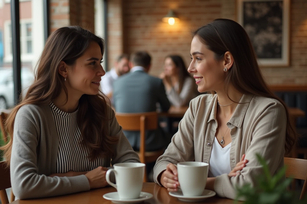 Deux femmes en conversation sincère dans un café discutant de l'importance de s'exprimer et de poser ses limites