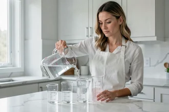 Femme versant de l'eau d'un pichet de 5 litres dans des béchers gradués sur un plan de travail en marbre blanc