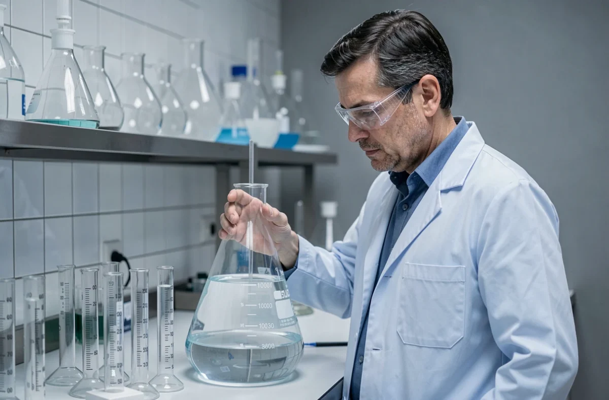 Scientifique en blouse de laboratoire examinant un flacon volumétrique de 5 litres entouré de cylindres gradués