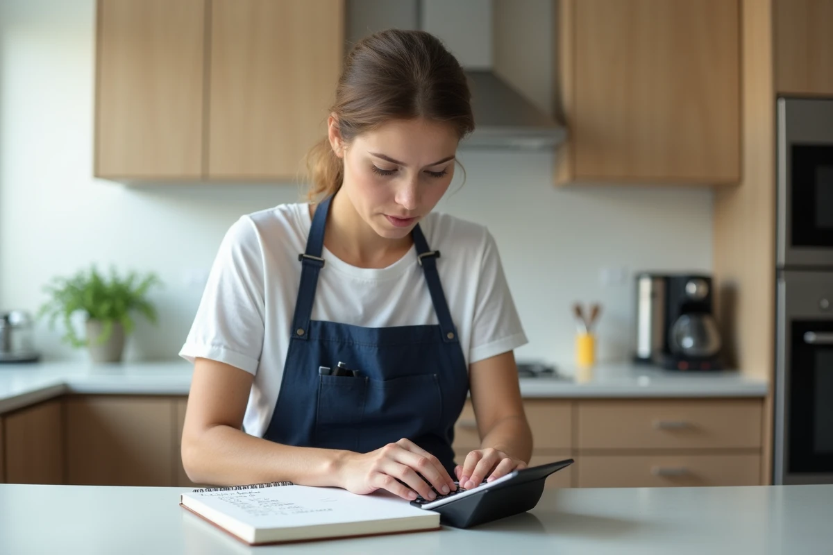 Femme consultant des notes de conversion de litres en mètres cubes dans une cuisine moderne