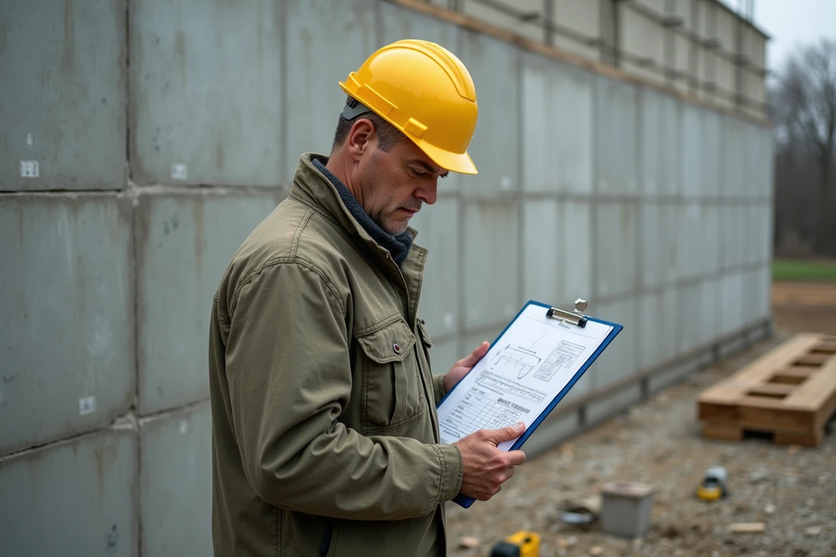 Chef de chantier vérifiant un tableau de conversion en mètres cubes sur un chantier en béton