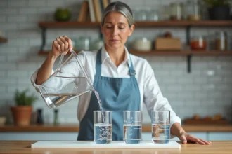 Femme versant de l'eau d'un cube en litre pour illustrer la conversion mètre cube en litre dans une cuisine