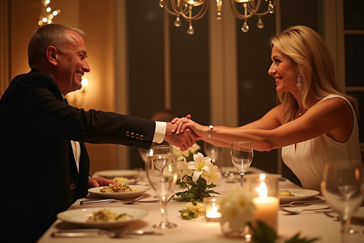 Couple dâgés échangeant un sourire lors dun dîner d anniversaire élégant