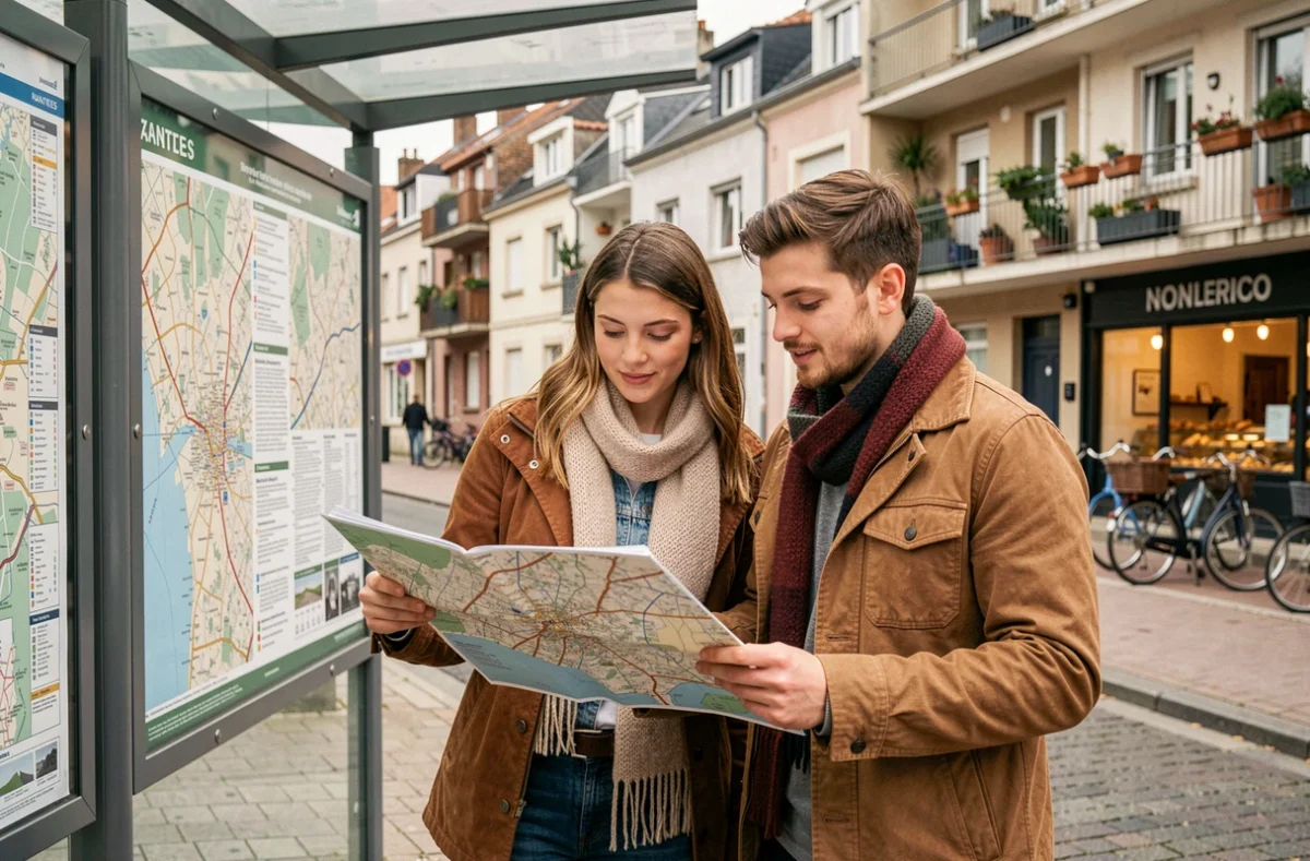 Couple consultant le plan de tramway à un arrêt de quartier résidentiel à Nantes