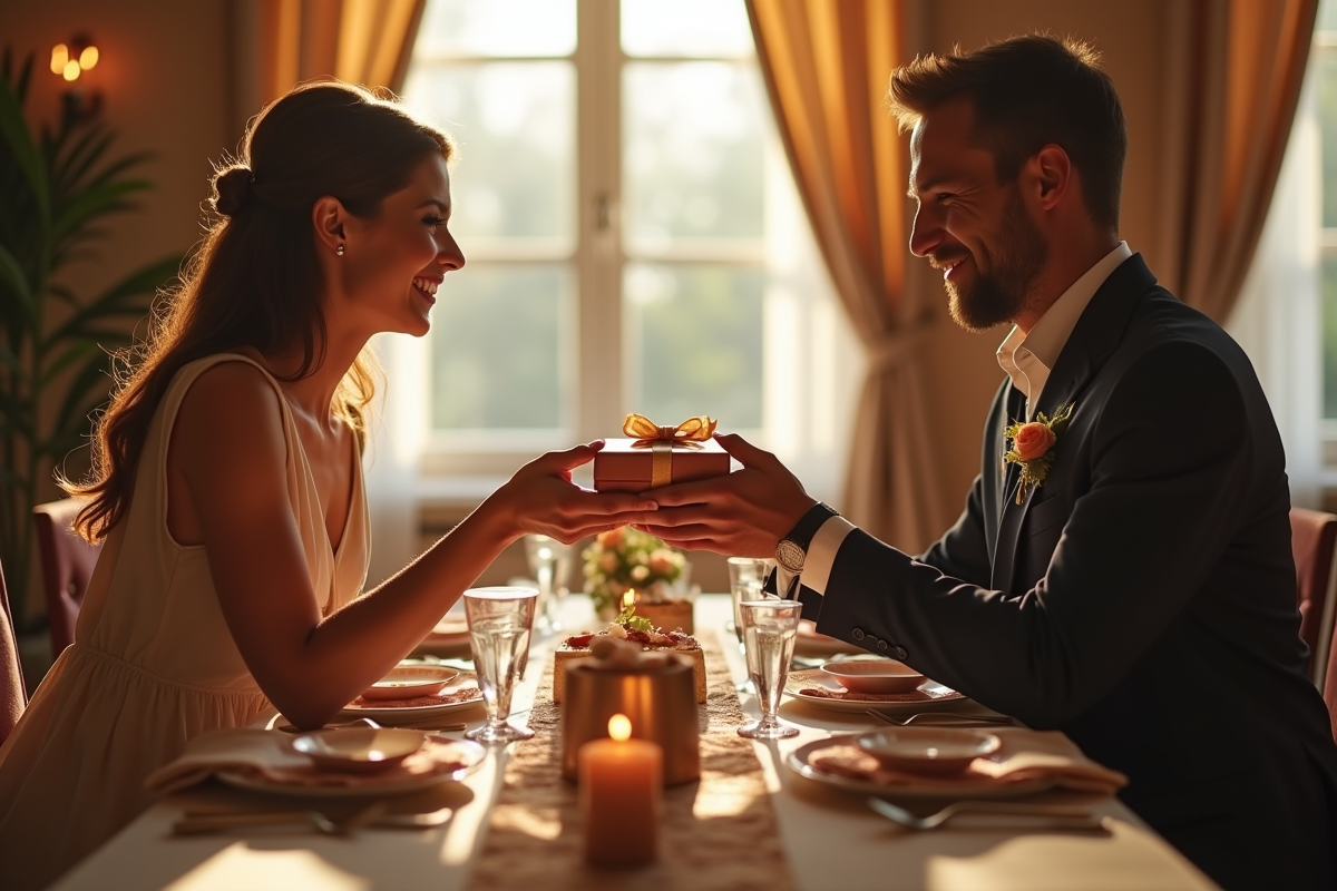 Couple heureux échangeant des cadeaux d'anniversaire élégants