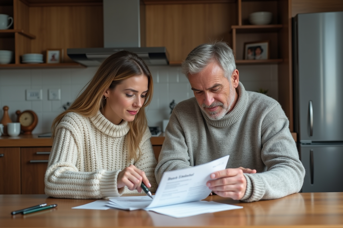 Couple discutant de relevés bancaires à la maison