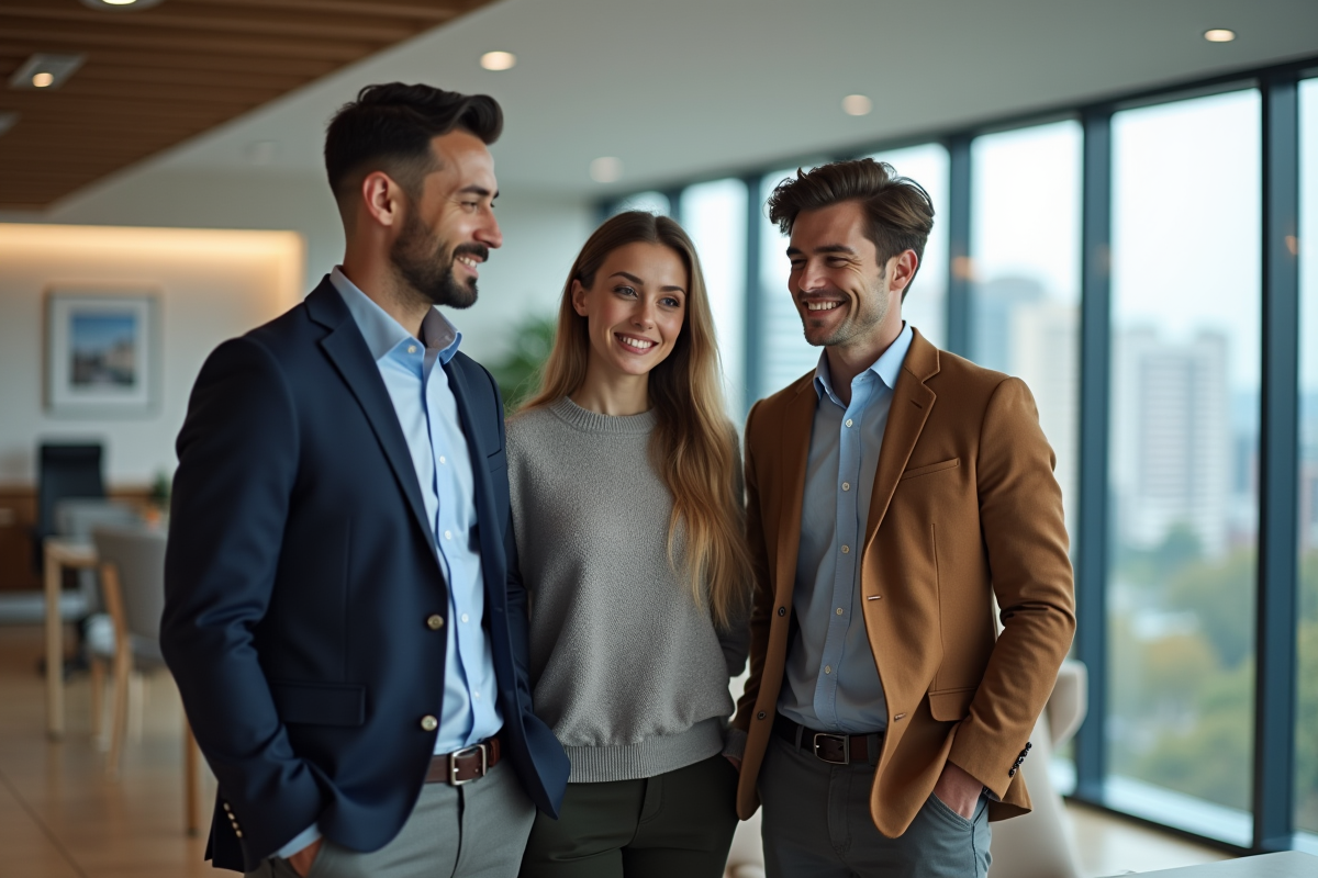 Jeune couple discutant avec un agent immobilier dans un bureau lumineux